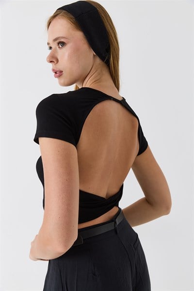 Kadın Bisiklet Yaka Sırt Dekolteli Crop Bluz Siyah