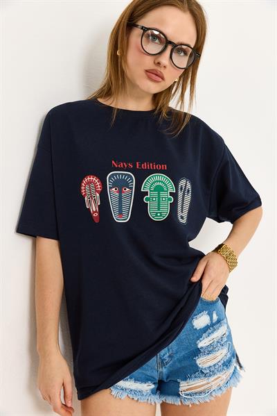 Baskılı Oversize Tshirt  Lacivert