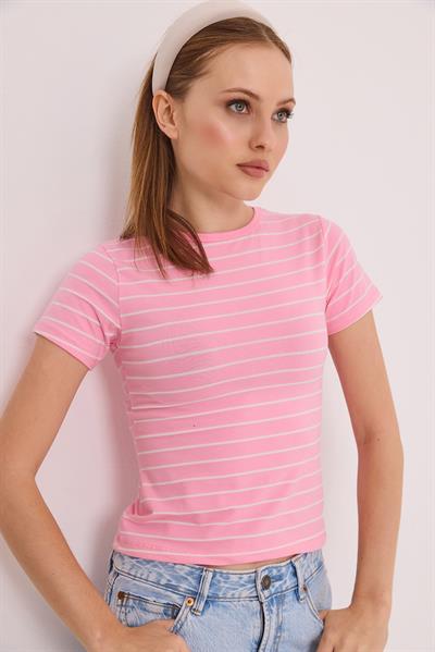 Kısa Kol Likralı Kompak Çizgili Tshirt Pembe