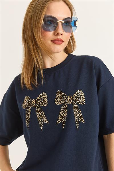 Kurdele Baskı Detaylı Basic TShirt  Lacivert