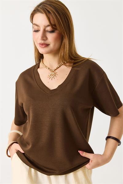 Kadın V Yaka Modal Kısa Kollu Tshirt  Kahverengi