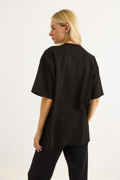 Baskılı Oversize Bisiklet Yaka Tshirt Siyah