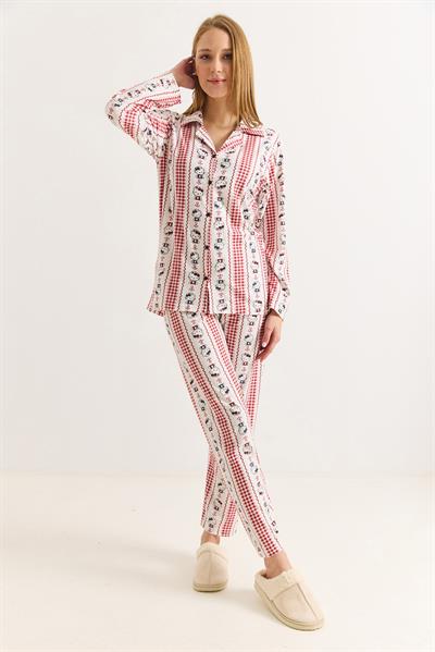 Kadın Pamuklu Polo Yaka Hello Kitty Baskılı  Pijama Takımı