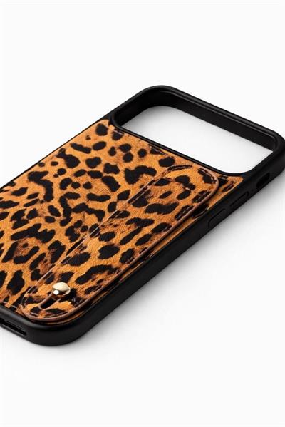 İphone 17 Pro Uyumlu Charmlı ve Harfli Deri Kılıf Leopar