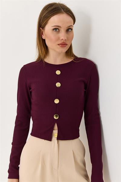Kadın Yırtmaçlı Düğmeli Kaşkorse Uzun Kollu Bluz Bordo