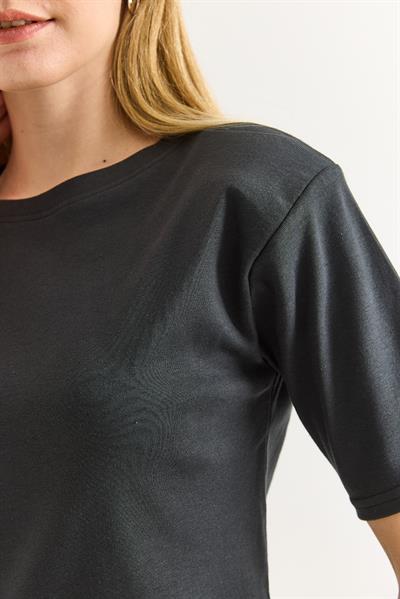 Vatkalı Bisiklet Yaka Basic Tshirt Füme