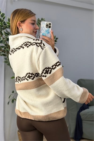 Kadın Desenli Dik Yaka Yarım Fermuarlı Polar Swearshirt Kahverengi