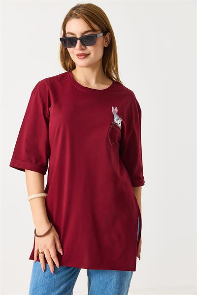 Kadın Yanları Yırtmaçlı Oversize  Basic Tshirt Bordo