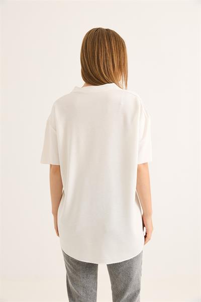 V Yaka Arkası Uzun Basic Tshirt Beyaz