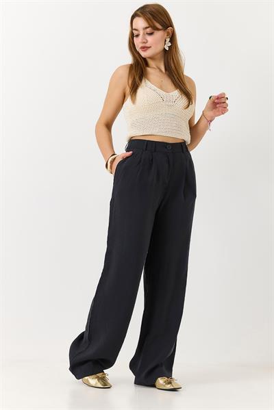 Kadın Yüksek Bel Rahat Kesim Mevsimlik Pantolon Siyah