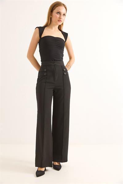 Düğme Detaylı Yüksel Bel Bol Paça Pantolon Siyah