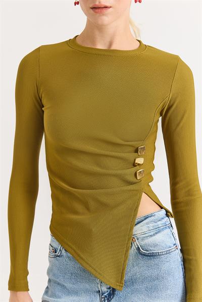 Yanları Tokalı ve Yırtmaçlı Uzun Kollu Bluz Haki