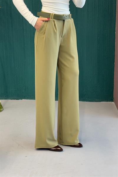 Likralı Krep Örme Kumaş Kemerli Salaş Pantolon Yeşil