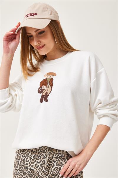 Oversize Nakışlı Sweatshirt Beyaz