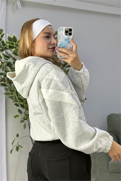 Kadın Beli Lastikli Şerit Detaylı Kapüşonlu Sweat Gri