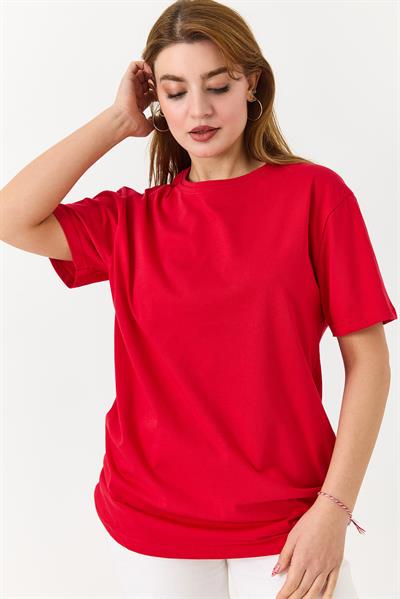 Kadın Bisiklet Yaka Baskısız Düz Bisiklet Yaka Tshirt Kırmızı