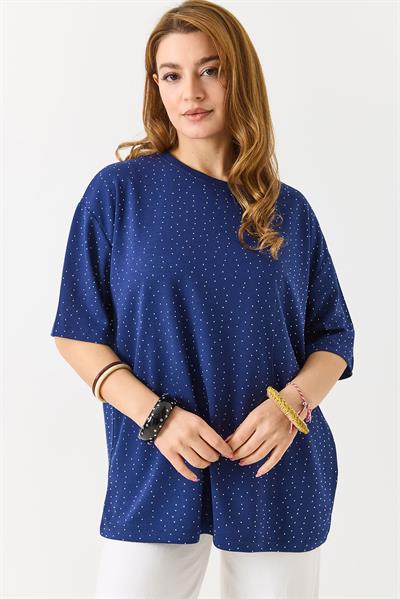 Kadın Taş Detaylı Bsiklet Yaka Oversize Tshirt Lacivert