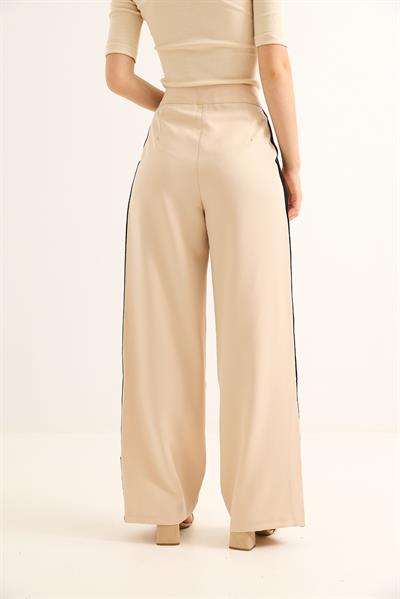 Yanları Şeritli Yüksel Bel Palazzo Pantolon Bej