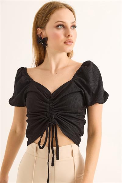 Prenses Kol Önden Büzgülü Bluz Siyah
