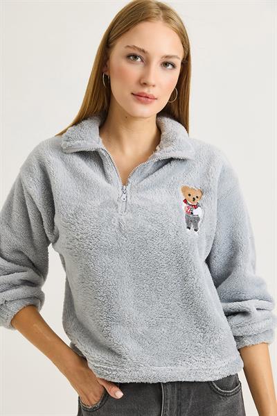 Kadın Nakışlı Welsoft  Fermuar Detaylı Sweat Gri