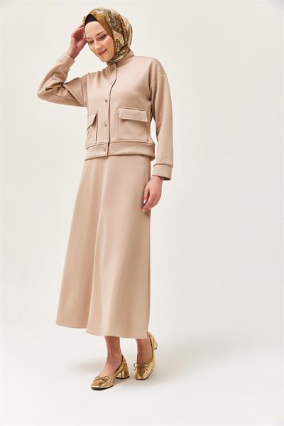 Metal Düğmeli Etekli Scuba İkili Takım Bej