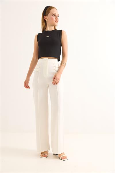 Düğme Detaylı Yüksel Bel Bol Paça Pantolon Beyaz