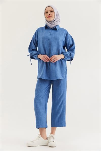 Kol Büzgülü Gömlek Pantolon İkili Takım Mavi