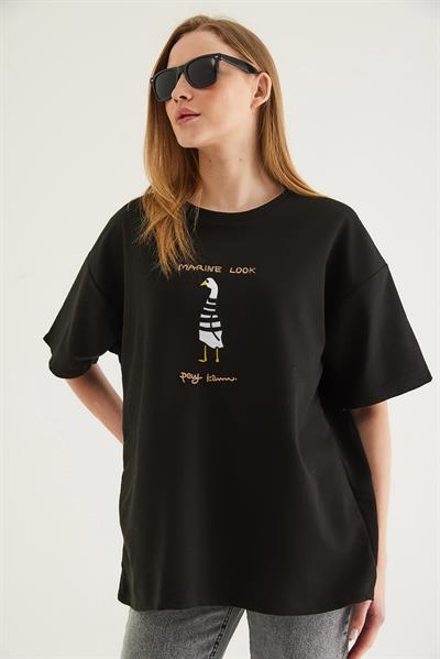 Bisiklet Yaka Oversize Baskılı Tshirt Siyah