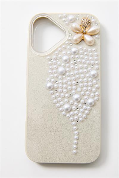 İphone 17 Uyumlu İnci ve Glitter Detaylı Kılıf Beyaz