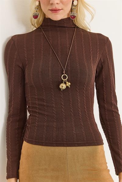 Kadın Balıkçı Yaka Triko Esnek Kazak Kahverengi