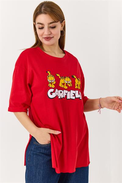 Kadın Garfield Baskılı Yanları Yırtmaçlı Bisiklet Yaka Tshirt Kırmızı