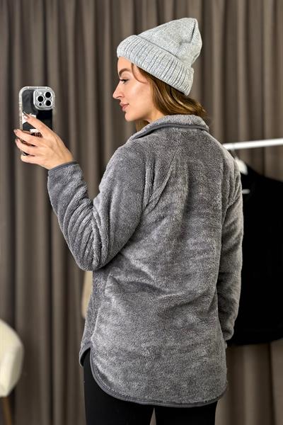 Kadın Yarım Fermuarlı  Welsoft Peluş Füme Sweatshirt 