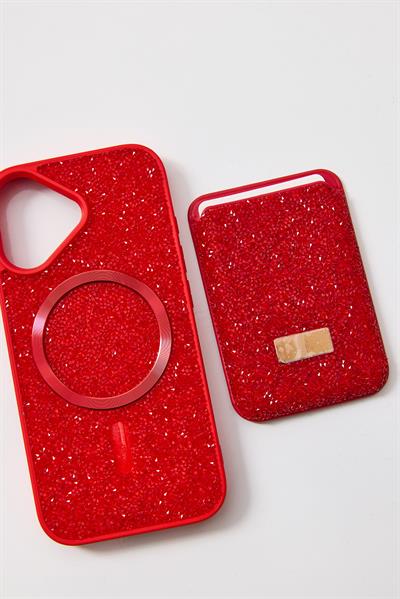 İphone 17 Uyumlu Parlak ve Taşlı Kart Bölümlü Kılıf  Kırmızı