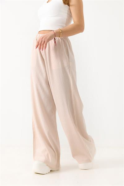 Kadın Taş Detaylı Bol Kesim Keten Görünümlü Pantolon Krem