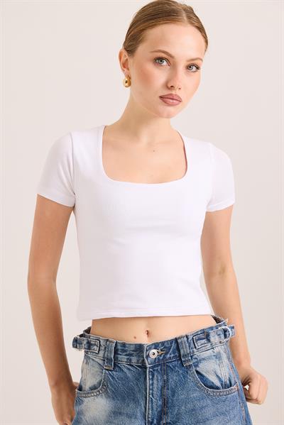 Kare Yaka Esnek Pamuk Örme Bluz Beyaz