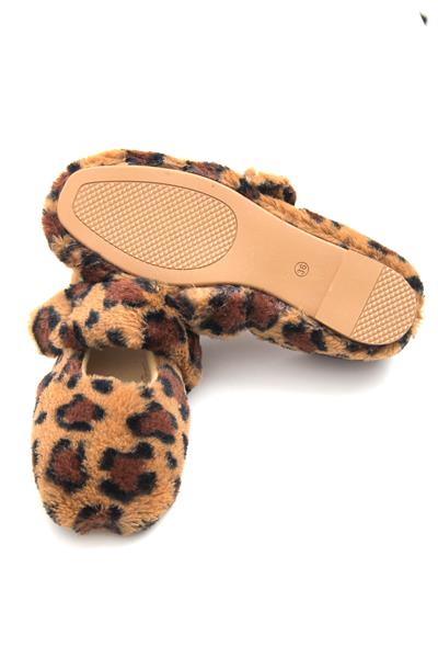 Kadın Tek Bant Peluş Kışlık Leopar Ev Ayakkabısı