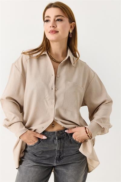 Kadın Oversize Müslin Kumaş Basic Gömlek Bej