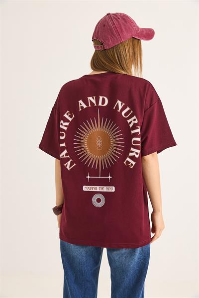 Bisiklet Yaka Kısa Kol Baskılı Tshirt Bordo