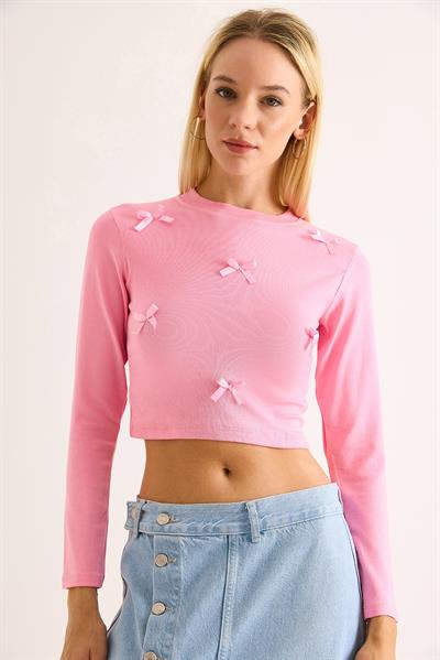 Kadın Kurdeleli Uzun Kollu Crop Bluz Pembe