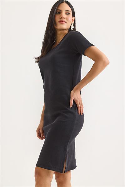 Kısa Kol Bisiklet Yaka Yırtmaç Detaylı Midi Elbise Siyah