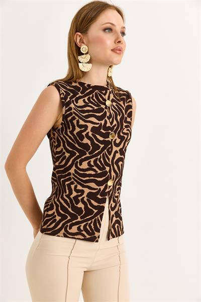 Bisiklet Yaka Gold Düğmeli Ottoman Fitilli Bluz Zebra Kahverengi