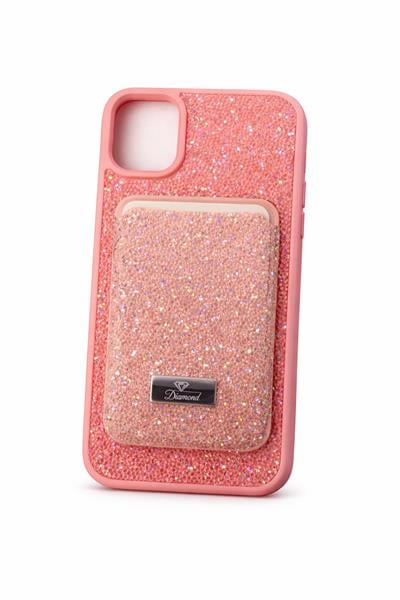 İphone 12 Uyumlu Parlak ve Taşlı Kart Bölümlü Kılıf Pembe