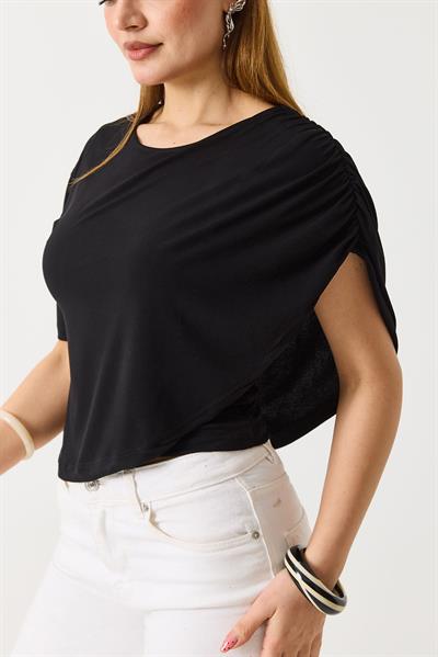 Kadın Sandy Pelerinli Yarım Kollu  Bluz Siyah