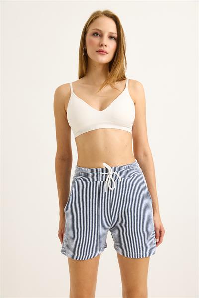 Çizgi Desenli Belden Bağlamalı Kadın Şort Lacivert