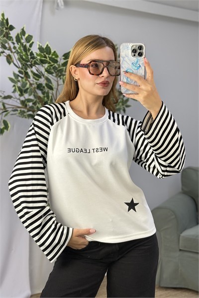 Kadın Kolları Çizgili Yıldız Baskılı Bisiklet Yaka Tshirt Siyah