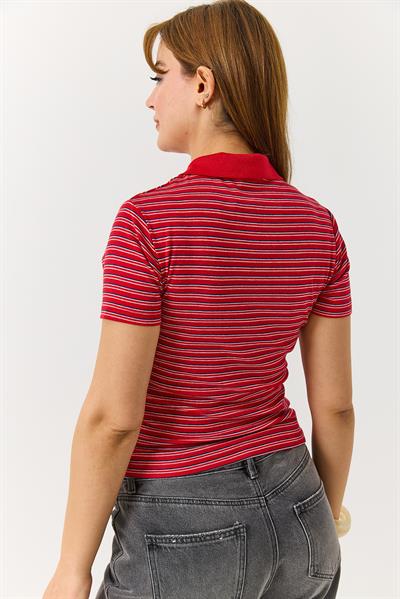 Polo Yaka Düğmeli Çizgili Kısa Kollu Tshirt Kırmızı