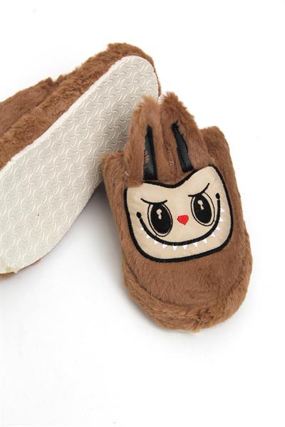 Figürlü Peluş Ev Terliği Kahverengi