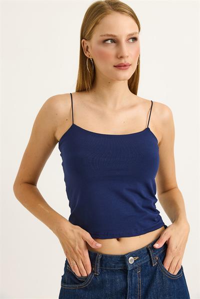 İp Askılı Crop Bluz Lacivert