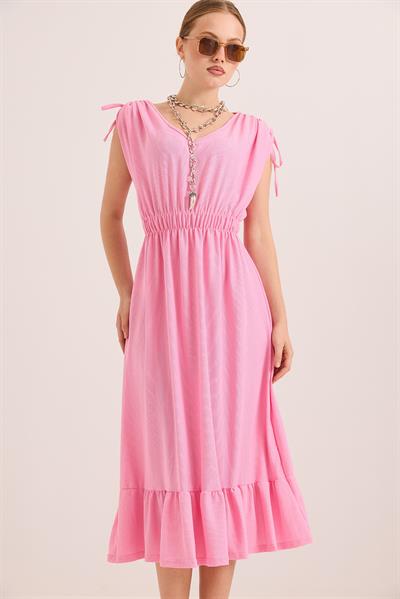 Dokulu Örme Kumaş Omuz Detaylı Beli lastikli Elbise Pembe