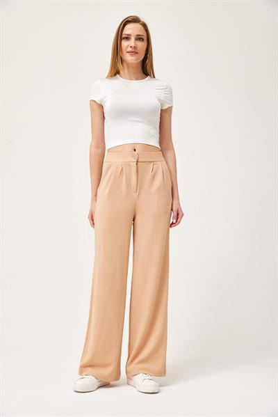 Yüksek Bel Cepli Palazzo Pantolon Bej